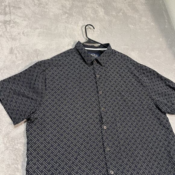 Nat Nast Shirt Mens 2XL Blue White Geometric Silk Cotton Short Sleeve Button Up - Picture 2 of 9